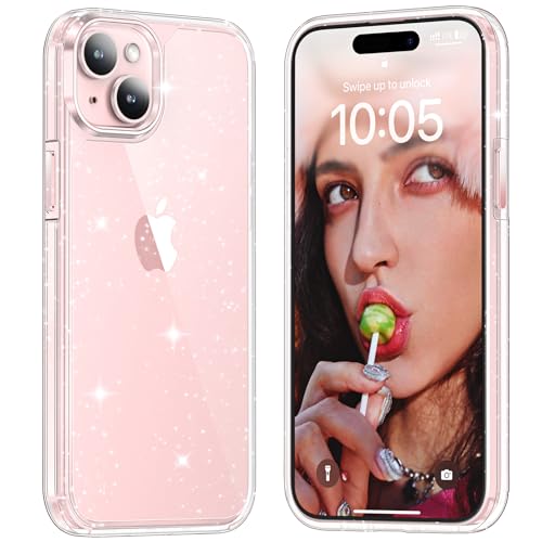 TAURI 3-in-1-Schutzhülle für iPhone 15, glitzernd, vergilbt nicht, mit 2 x Displayschutzfolie, [Fallschutz in Militärqualität] Bling Cute Sparkly Case für iPhone 15, Glitzer Klar von TAURI