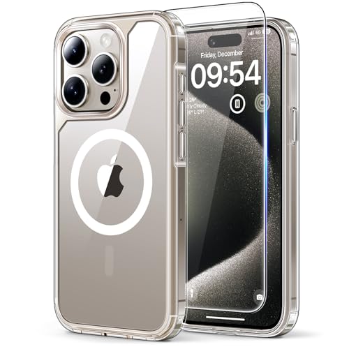 TAURI 3 in 1 für iPhone 15 Pro hülle, Handyhülle für iPhone 15 Pro Case,[Kompatibel mit MagSafe] [Vergilbt Nicht] Schlanke, Stoßfeste Telefon Hülle - Magnetisch Transparent von TAURI