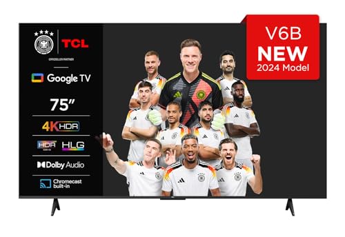 TCL 75V6B 75 Zoll, 4K Ultra HD, HDR TV, Smart TV unterstützt von Google TV (Dolby Audio, Motion Clarity, Sprachsteuerung, Kompatibel mit Google Assistant, Chromecast eingebaut von TCL