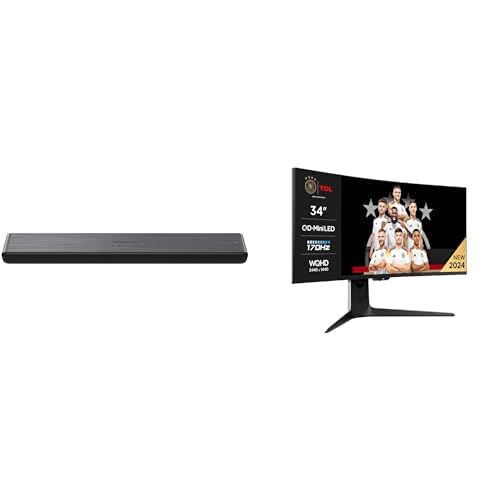 TCL Bundle of S45HE 2.0 Kanal Pro Soundbar, 100 Watt, Bassverstärkung, Dolby Atmos, DTS Virtual:X, TV Ready, Bluetooth 5.2, HDMI eArc, USB 34R83Q, MiniLED-Monitor mit 1100 Zonen und WQHD 170 Hz von TCL