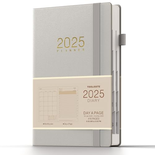 TDOLISSTE - Kalender 2025 Terminplaner, A5 Agenda Buchkalender 365-Seiten-Tagesplan und 24-Seiten-Monatsplan, Stiftschlaufe und Innentasche, Gebundene Ausgabe (Grau) von TDOLISSTE