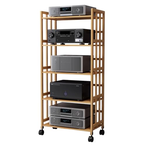 audio rack hifi regal Audio-Platzierungs-Rack, höhenverstellbares Bambus-Verstärker-Rack mit 2/3/4/5 Ebenen/AV-Medienständerregal mit Rädern für Heimkino, Organizer für Entertainment-Stereokomponenten von TDQWLY