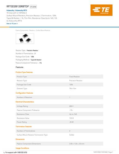 TE Connectivity 2-1879256-3 Dünnschicht-Widerstand 133Ω SMD 0.1% 15 ppm 1000 St. Tape on Full reel von TE Connectivity