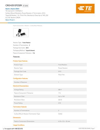 TE Connectivity 3-1879524-3 232Ω SMD 2512 2W 0.01% 4000 St. Tape on Full reel von TE Connectivity