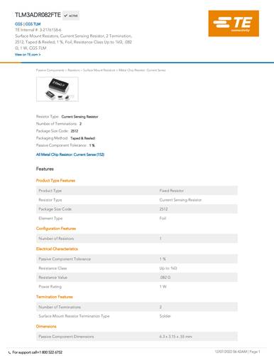 TE Connectivity 3-2176158-6 0.082Ω SMD 2512 1W 0.01% 50 ppm 4000 St. Tape on Full reel von TE Connectivity