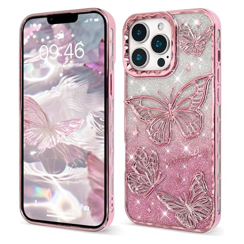 TEAUGHT Kompatibel mit iPhone 13 Pro Max Hülle, Glitzer Bling Cute 3D Schmetterling Plating Handyhülle Luxus Sparkle Slim Soft TPU Stoßfest Schutzhülle für Frauen Mädchen Klar Rosa von TEAUGHT