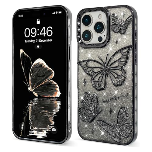 TEAUGHT Kompatibel mit iPhone 15 Pro Max Hülle, Glitzer Bling Cute 3D Schmetterling Plating Handyhülle Luxus Sparkle Slim Soft TPU Stoßfest Schutzhülle für Frauen Mädchen Klar Schwarz von TEAUGHT