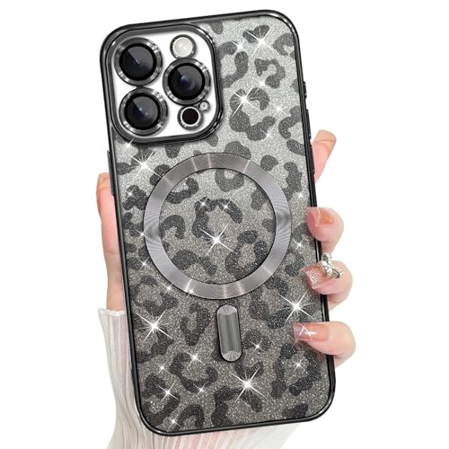 TEAUGHT Schutzhülle für iPhone 16 Pro Max Magnetische Glitzer Hülle [Kompatibel mit MagSafe] Bling Leopardenmuster Hülle für Frauen Mädchen Plating Case mit Kameraobjektivschutz Niedlicher von TEAUGHT