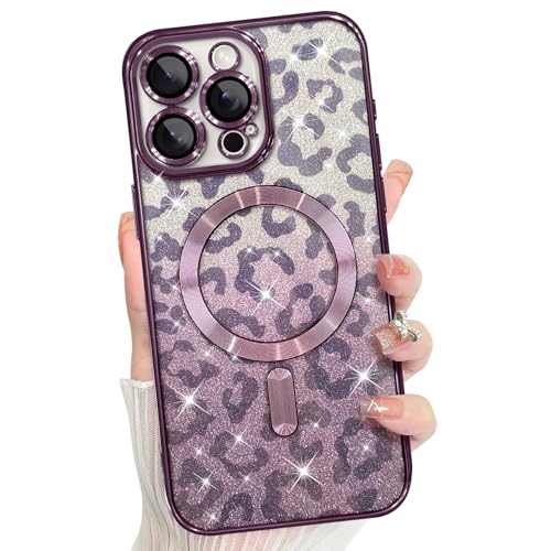 TEAUGHT Schutzhülle für iPhone 16 Pro Max Magnetische Glitzer Hülle [Kompatibel mit MagSafe] Bling Leopardenmuster Hülle für Frauen Mädchen Plating Case mit Kameraobjektivschutz Niedlicher von TEAUGHT