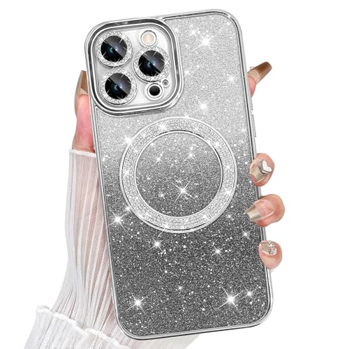 TEAUGHT für iPhone 16 Pro Magnetische Glitzer Hülle, [Kompatibel mit Magsafe] Süße Bling Diamant Strass Luxus Plating Hülle mit Kameraschutz, Schlanke Stoßfeste Abdeckung für Frauen Mädchen, Silber von TEAUGHT