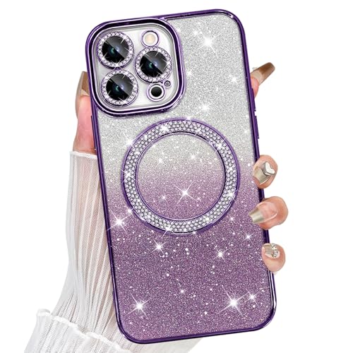 TEAUGHT für iPhone 16 Pro Magnetische Glitzer Hülle, [Kompatibel mit Magsafe] Süße Bling Diamant Strass Luxus Plating Hülle mit Kameraschutz, Schlanke Stoßfeste Abdeckung für Frauen Mädchen, Lila von TEAUGHT