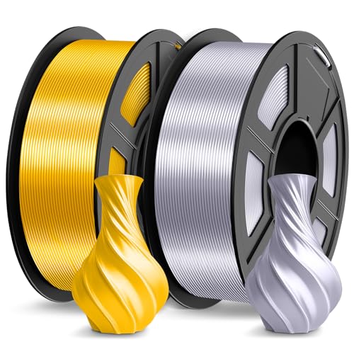 TECBEARS PLA Silk Filament 1.75mm 2KG, Shiny Silk PLA 3D Drucker Filament, mit Seidenglattes Finish, Gute Farbwiedergabe, Maßgenauigkeit +/- 0.02, 2 Spulen, 1kg pro Spule Silk PLA Gold+Silber von TECBEARS