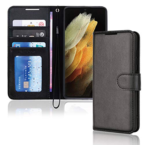 TECHGEAR Galaxy S21 Ultra Leder Hülle, PU Leder Flip Case Schutzhülle Ledertasche [Brieftasche] Handyhülle mit Ständer und Handschlaufe Beutel Hülle Kompatibel mit Samsung Galaxy S21 Ultra - Schwarz von TECHGEAR