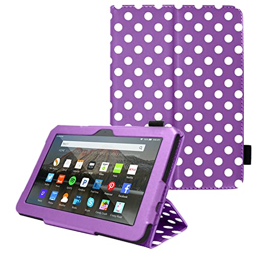 TECHGEAR Hülle für neue Fire 7 Tablette 2022 (12. Generation) PU Leder Slim Hülle mit Ständer und Handschlaufe [Auto Schlaf/Wach] Schutzhülle Tasche für Amazon Fire 7 12. Generation -Violett/Polka Dot von TECHGEAR