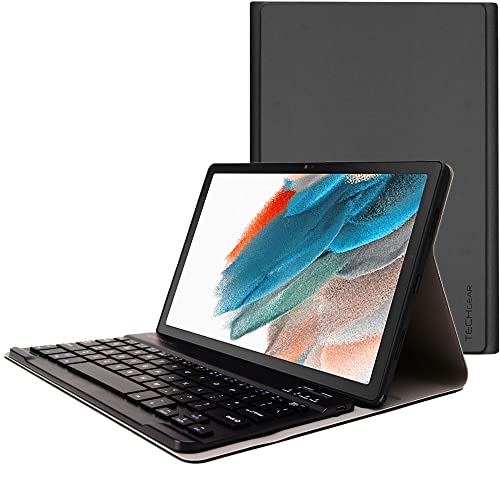 TECHGEAR Tastatur-Hülle für Samsung Galaxy Tab A8 10,5 Zoll (SM-X200 / SM-X205) [Strike Folio] PU-Lederhülle mit eingebauter, abnehmbarer kabelloser Bluetooth-Tastatur und Ständer (schwarz) von TECHGEAR