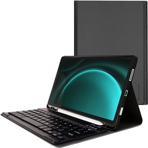 TECHGEAR Tastatur-Hülle kompatibel mit Samsung Galaxy Tab S9 FE Plus 12,5 Zoll (SM-X610, SM-X616 Serie) [Strike Folio] PU-Leder-Ständer mit abnehmbarer Bluetooth-Funk-QWERTY-Tastatur (schwarz) von TECHGEAR