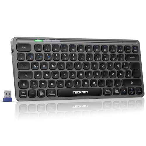 TECKNET Kabellose Bluetooth Tastatur, Wiederaufladbare Funktastatur, Easy-Switch zwischen bis zu 3 Geräte(2.4G+2BT), für Notebook, Tablet, PC, Deutsches QWERTZ von TECKNET