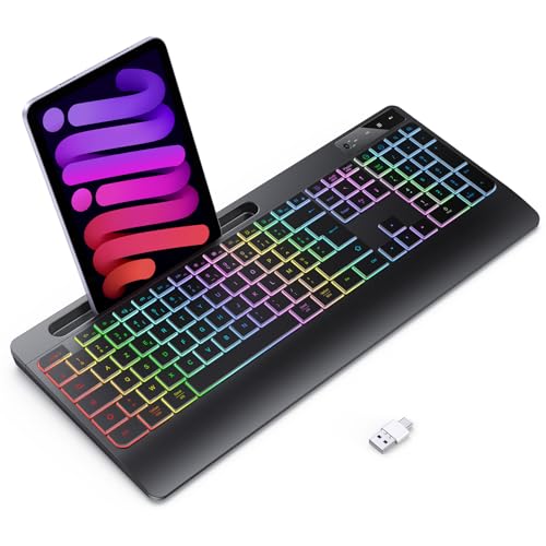 TECURS Kabellose Tastatur mit Hintergrundbeleuchtung - Gamer Tastatur Handgelenkstütze, Telefonhalter, Computer Tastatur 2.4G Ergonomisch Wiederaufladbar Leise Tastatur für Windows, Mac, PC von TECURS