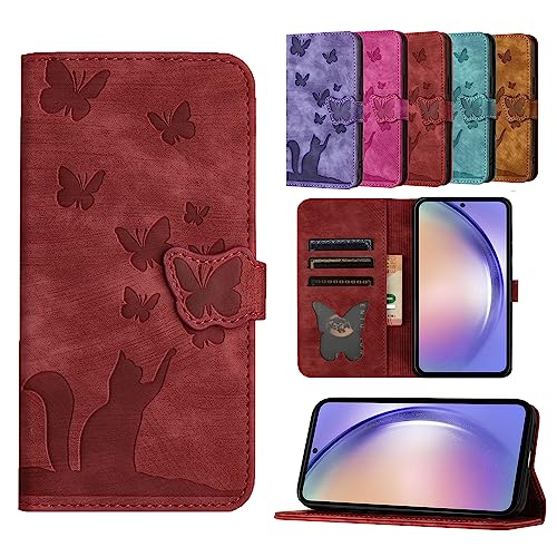 TEDTIKJT Cover für Samsung Galaxy S23 Ultra Hülle PU Leder Flip Wallet Card Slot Magnetische Schutzhülle für Samsung Galaxy S23 Ultra Schmetterling Katze Muster - Rot von TEDTIKJT