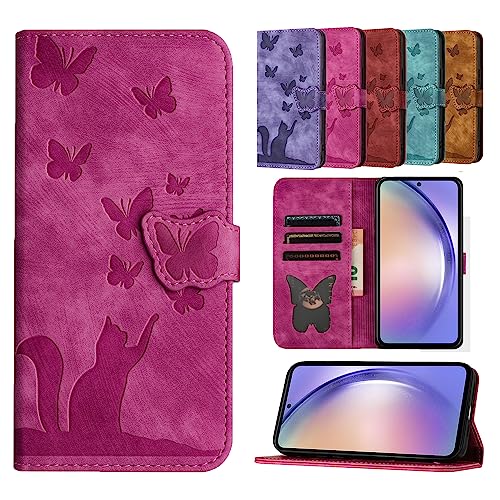 TEDTIKJT Cover für Xiaomi Redmi Note 12 4G Hülle PU Leder Flip Wallet Card Slot Magnetische Schutzhülle für Redmi Note 12 4G Schmetterling Katze Muster - Rose Rot von TEDTIKJT