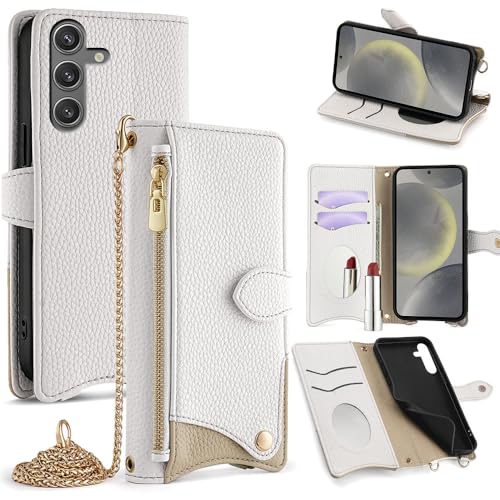 TEDTIKJT Handyhülle für Samsung Galaxy S24 Plus/S25 Plus Hülle Klappbar Premium PU Leder Schutzhülle mit Kosmetikspiegel Kartenfach Standfunktion Klapphülle Tasche Cover Flip Case,Weiß von TEDTIKJT