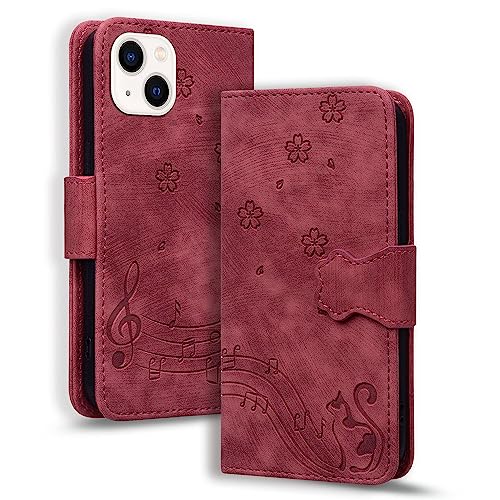 TEDTIKJT Hülle Kompatibel mit iPhone 15 Plus Flip Case Premium PU Leder Klapphüllen Wallet Card Slots Magnet Cover Schutzhülle Kompatibel mit iPhone 15 Plus,Rot Katze von TEDTIKJT