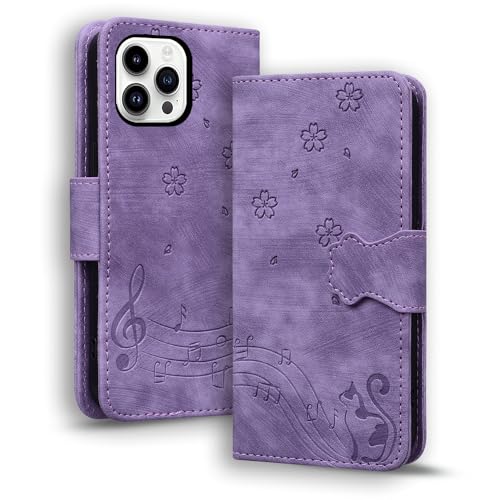 TEDTIKJT Hülle Kompatibel mit iPhone 15 ProMax Flip Case Premium PU Leder Klapphüllen Wallet Card Slots Magnet Cover Schutzhülle Kompatibel mit iPhone 15 ProMax,Violett Katze von TEDTIKJT