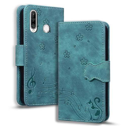 TEDTIKJT Hülle für Huawei P30 Lite Klapphüllen Premium PU Leder Case Huawei P30 Lite Flip Wallet Case Schutzhülle mit Ständer Card Slots Magnet Cover für Huawei P30 Lite,Grün Katze von TEDTIKJT