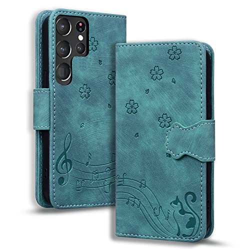 TEDTIKJT Hülle für Samsung Galaxy S23 Ultra 5G Klapphüllen PU Leder Flip Cover Case Galaxy S23 Ultra Lederhülle mit Standfunktion Kartenfach Magnetic Handytasche Wallet Case, Grün Katze von TEDTIKJT