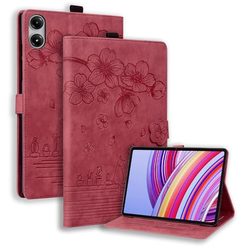 TEDTIKJT Tablet Hülle für Xiaomi Redmi Pad Pro 12.1" 2024 PU Leder Flip Tablet Taschen Mit Kartenfach Standfunktion Kirschblüten Katze Muster Schutzhülle für Xiaomi Redmi Pad Pro 12.1" Hülle,Rot von TEDTIKJT