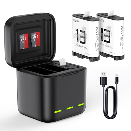 TELESIN 2er-Pack Enduro-Akku mit Ladegerät für Go Pro Hero 13 Black, Langlebige Akkus wie Original-Akkus + Fast Charge Ladecase für Go Pro 13 Black Zubehör von TELESIN