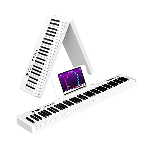 TERENCE Piano mit 88 Tasten Faltbares Klaviertastatur mit 1800mAh Batterie unterstützung MIDI USB-Schnittstelle Piano-Anwendung Bluetooth Notenständer Aufkleber Audiokabel Kopfhörer Sustain Pedal Weiß von TERENCE