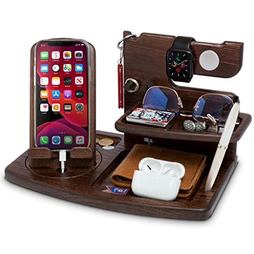 TESLYAR Holz Rotierend Telefon Dockingstation Kompatibel mit iWatch Asche Baum Geldbörsenständer & Uhren Organisator Herren Geschenk Ehemann Jubiläum Vater Geburtstag Vater Mann Gadgets (Braun) von TESLYAR