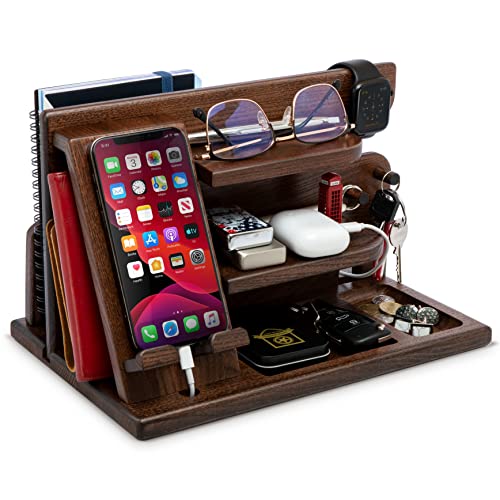 TESLYAR Holz Telefon Dockingstation & Schreibtisch Organizer Holz mit Schlüsselhaken/Handy Ständer Bernstein mit Schlüssel Organizer - Sinnvolle Geschenke für Männer, Männer Geschenke Geburtstag von TESLYAR