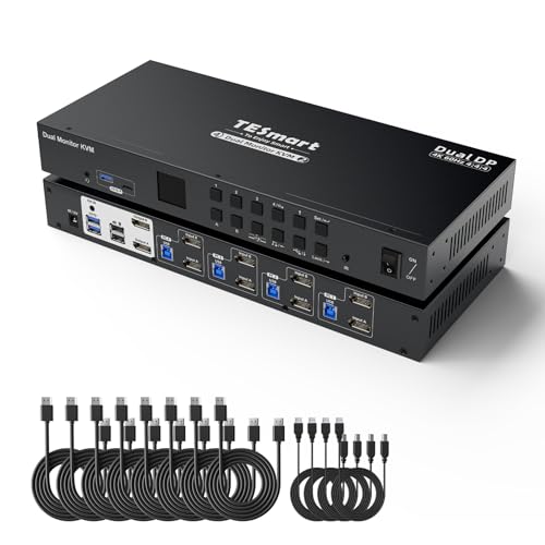 TESmart 8K USB3.0 Displayport KVM Switch 4 PC 2 Monitore, 4K@144Hz(DSC) KVM-Switches mit EDID Emulator, Audio&Mikrofon, Eingangskabeln, 4 Port Switcher für Tastatur, Maus,U-disk und Drucker USB-Geräte von TESmart