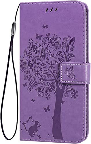 TEYYOS Flip Tasche Hülle für Honor Magic6 Pro/Magic 6 Pro, Schutzhülle Leder Klapptasche mit Kartenfächer, 3D Katze Baum Muster Folio Handytasche Handyhülle - Helles Lila von TEYYOS