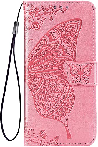 TEYYOS Schmetterling Flip Folio Hülle für Xiaomi Poco M6 Pro 4G, Schutzhülle PU/TPU Leder Klapptasche Handytasche mit Kartenfächer, Handyhülle - Rosa von TEYYOS