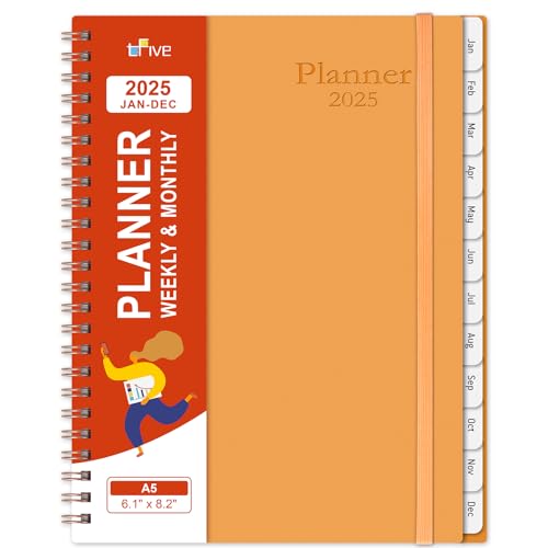 Planer 2025, Wochen- & Monatskalender, Januar 2025 - Dez 2025, A5 15,5 x 20,8 cm, Planer 2025 mit Registerkarten, flexibler Einband, Spiralbindung, inklusive Kontakte, Notizen, Referenzseiten - Orange von TFIVE