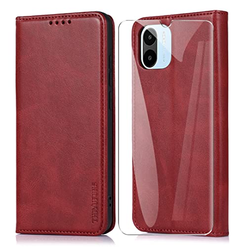 THIYUFUNS Handyhülle für Xiaomi Redmi A2 / Redmi A1 4G Leder Hülle + Panzerglas Schutzfolie,Magnet Klapphülle Case Cover Schutzhülle - Rot von THIYUFUNS