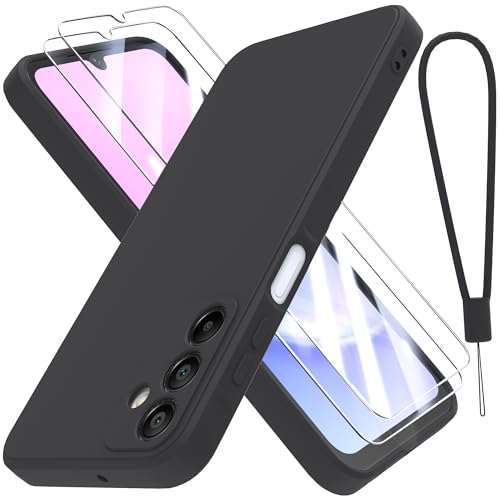 THIYUFUNS Hülle für Samsung Galaxy A15 4G / 5G (6.5") Handyhülle mit 2 Stück Schutzfolie, TPU Silikon Liquid Silicone Dünne Weiche Stoßfest Case Schutzhülle für Samsung Galaxy A15 - Schwarz von THIYUFUNS