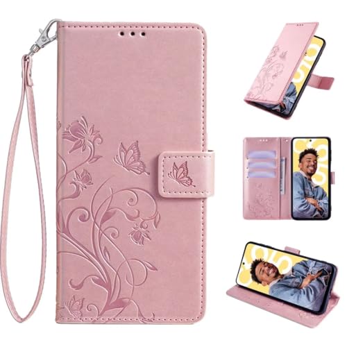 TIANYUE Hülle für Xiaomi Poco X6 Neo, Blume und Schmetterling PU Leder Wallet Hülle mit Magnetverschluss Schutz Case, Mit Standfunktion Hülle für Xiaomi Poco X6 Neo-Roségold von TIANYUE