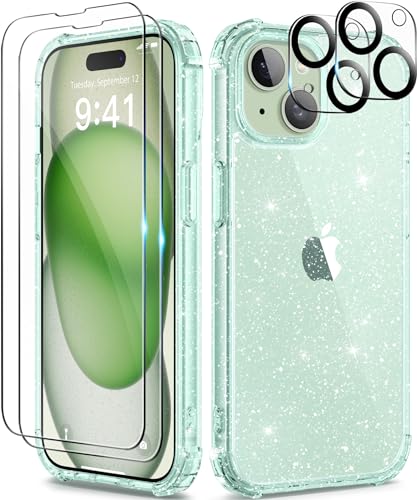 TIESZEN 5 in 1 Kompatibel mit iPhone 15 Hülle Glitzer, mit 2X Schutzfolie + 2X Kameraschutz, [Anti-Yellowing] iPhone 15 Transparent Weiche TPU Dünn Stoßfest Kratzfest Handyhülle für 6.1 Zoll, Mintgrün von TIESZEN