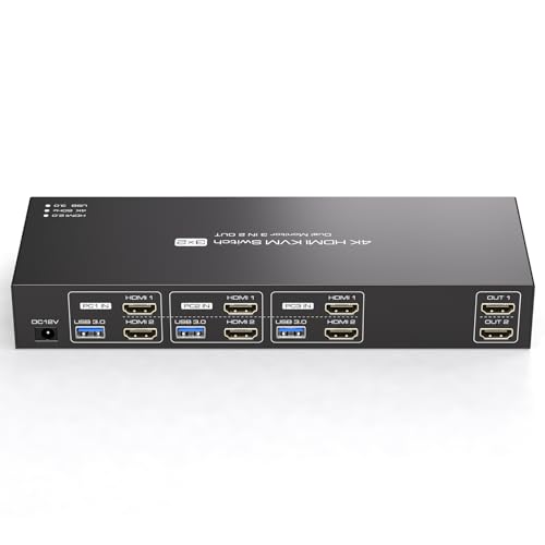 TJCXELE 4K60Hz HDMI KVM Switch 3 PC 2 Monitore USB 3.0 KVM Switch Dual Monitor Simulation EDID mit 4 USB Port Für 3 Computer, die sich 2 Monitore und 4 USB-Geräte mit 3 USB-Kabel und Fernbedienungen von TJCXELE