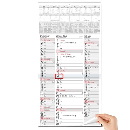 TOBJA 3 Monatskalender 2025 Wandkalender mit Schieber - "Nebeneinanderliegende Monate" Kalender 2025 Wandkalender | Platz für Termine, Geburtstage & Urlaube | Großformat 30x59 cm (gefalzt!) von TOBJA