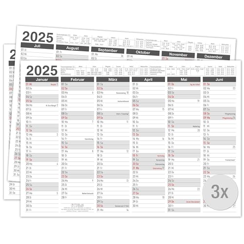 TOBJA Tafelkalender 2025 in 3er Set - DIN A4 Übersicht für wichtige Termine, Schulferien und Feiertage | Jahresplaner 2025 Wandkalender | Kalendarium 2025 im praktischen Format (3 Stück Papier) von TOBJA