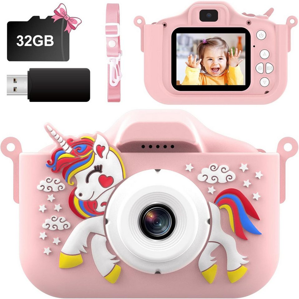 TOMOROY HD Video Eingebaut 5 Lernspiele Kinderkamera (mit Einhorn Kamera Abdeckung und 32GB TF-Karte 8 facher Zoom) von TOMOROY