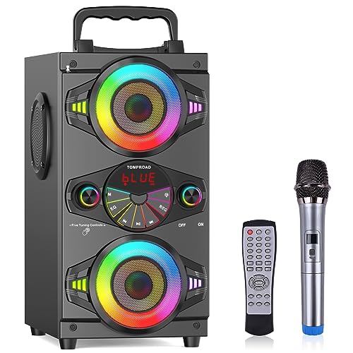 Bluetooth Lautsprecher, 60W tragbare drahtlose Loud Outdoor Home Party Bluetooth Lautsprecher mit Subwoofer, FM Radio, LED bunte Lichter, Mikrophone, Remote und Big Powerful Stereo Tiefenbass Sound von TOMPROAD