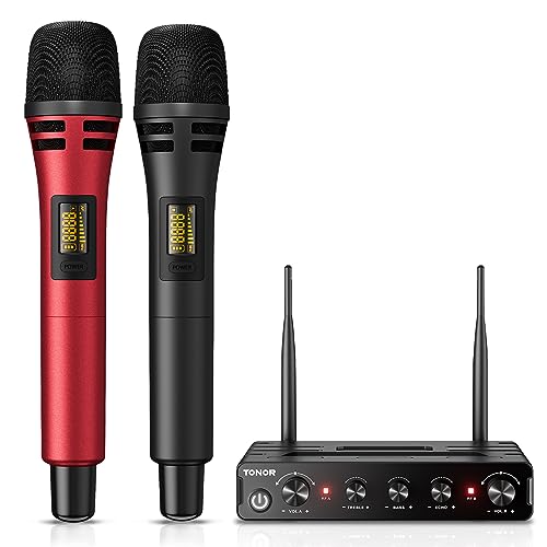 TONOR Dual Funkmikrofonen System kabellos, drahtloses Karaoke Mic Set Wireless Microphone Handmikrofon dynamisch mit Empfänger für Hochzeit Party Kirche Vortrag Bühne Reden Konferenz TW350 Schwarz&Rot von TONOR