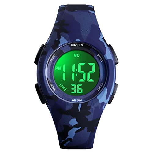 TONSHEN Jungen und Mädchen Uhren Kinderuhr Digitaluhr Sportuhr Outdoor 50M Wasserdicht LED Elektronik Alarm Stoppuhr Armbanduhr (Blau Camo) von TONSHEN