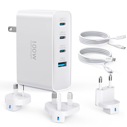 100 W USB-C-Reiseladegerät, Faltbarer 4-Port-Reiseadapter-Steckerkonverter mit UK/EU/AU-Steckern, Schnellladung für MacBook Pro/Air, iPad Pro, iPhone 15/14 Pro Max, für 45 W Samsung Galaxy, Weiß von TOPADRE